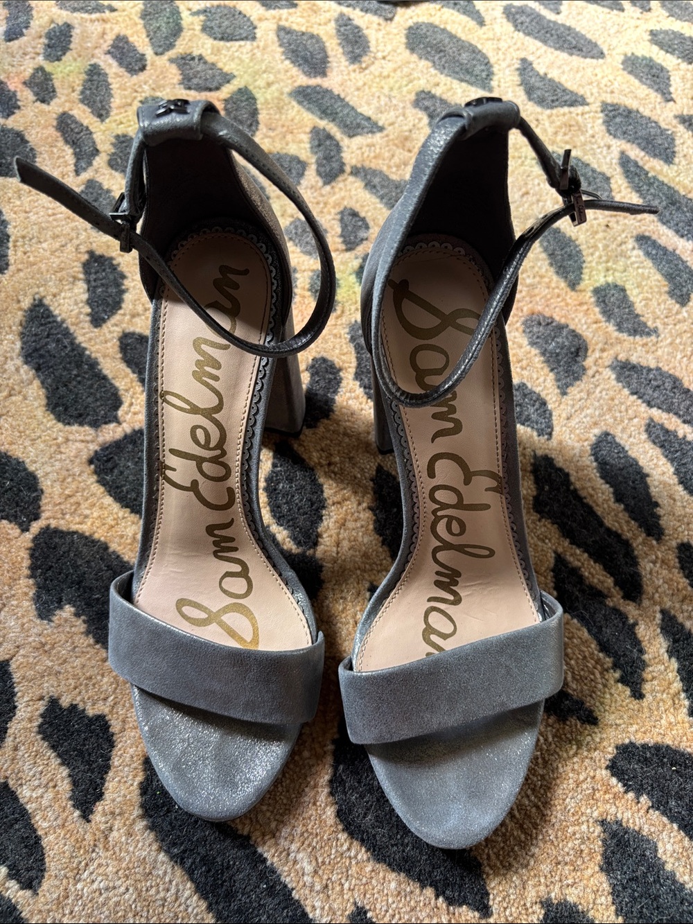 Sam Edelman Silver-Gray Suede Ankle-Strap Heels